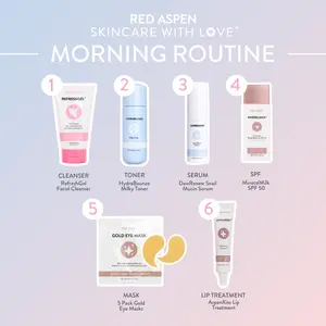 Red Aspen Complete Morning Glow Routine  6-Piece Skincare Bundle | Cleanser + Milky Toner + Snail Mucin + SPF 50 + Eye Mask + Lip Peptide