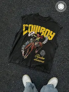 Men's 100% Cotton Loose Fit Casual Cowboy Graphic Sleeveless Vest, Western Street Style Vibe Summer Top with Vintage Cartoon Design Streetwear Tank Vest