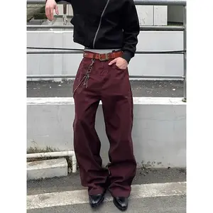 Men's Autumn Dark Red Baggy Jeans Vintage Cowboy Pants Harajuku Aesthetic Streetwear Denim Trousers Y2k 2000s Style Clothes 2025