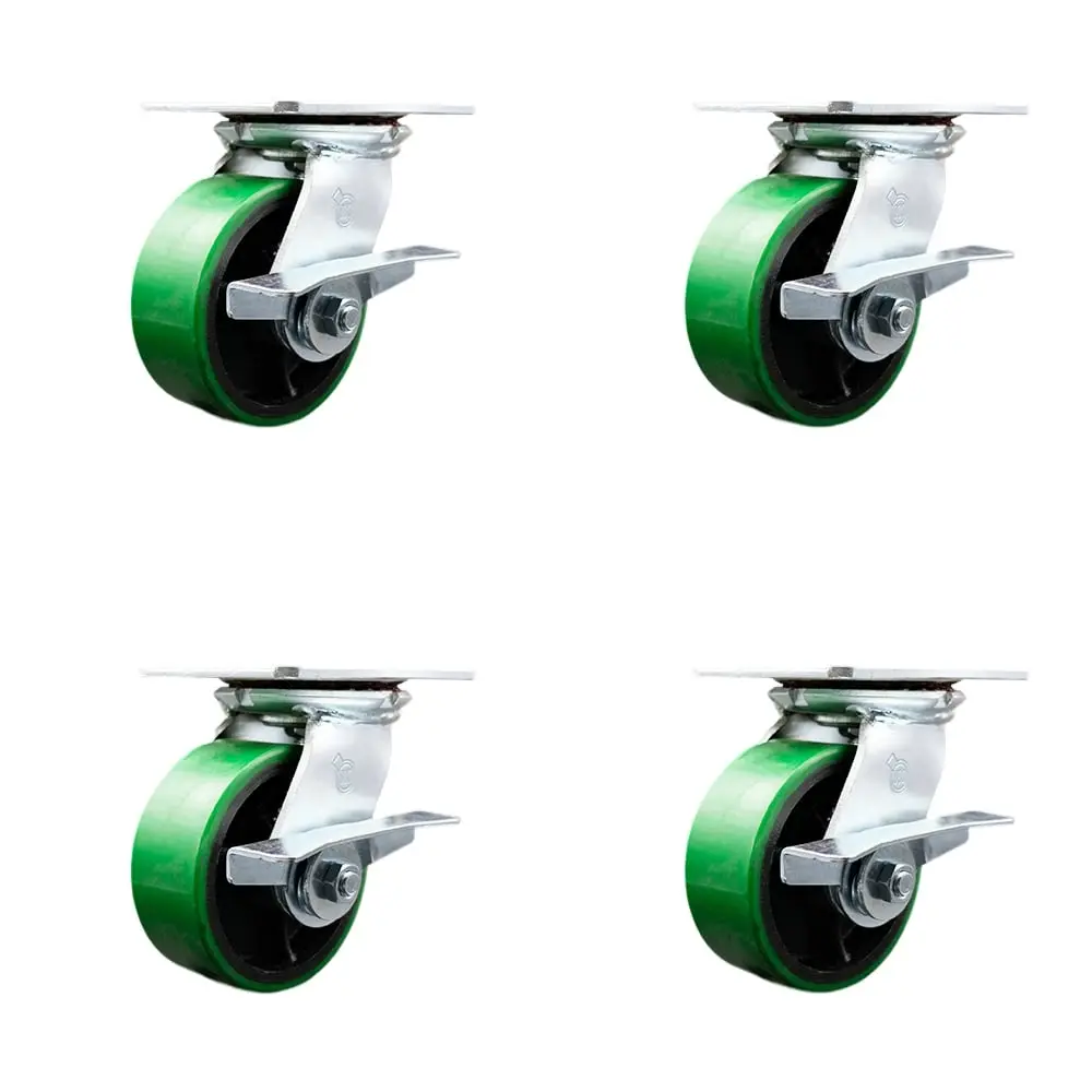 Service Caster SCC-35S520-PUB-GB-SLB-4 Heavy Duty Large Top Plate Polyurethane on Cast Iron Swivel Caster with Maintenance Free Bearings with 5 x 2 in. Green Wheels - 4000 lbs Capacity - Set of 4