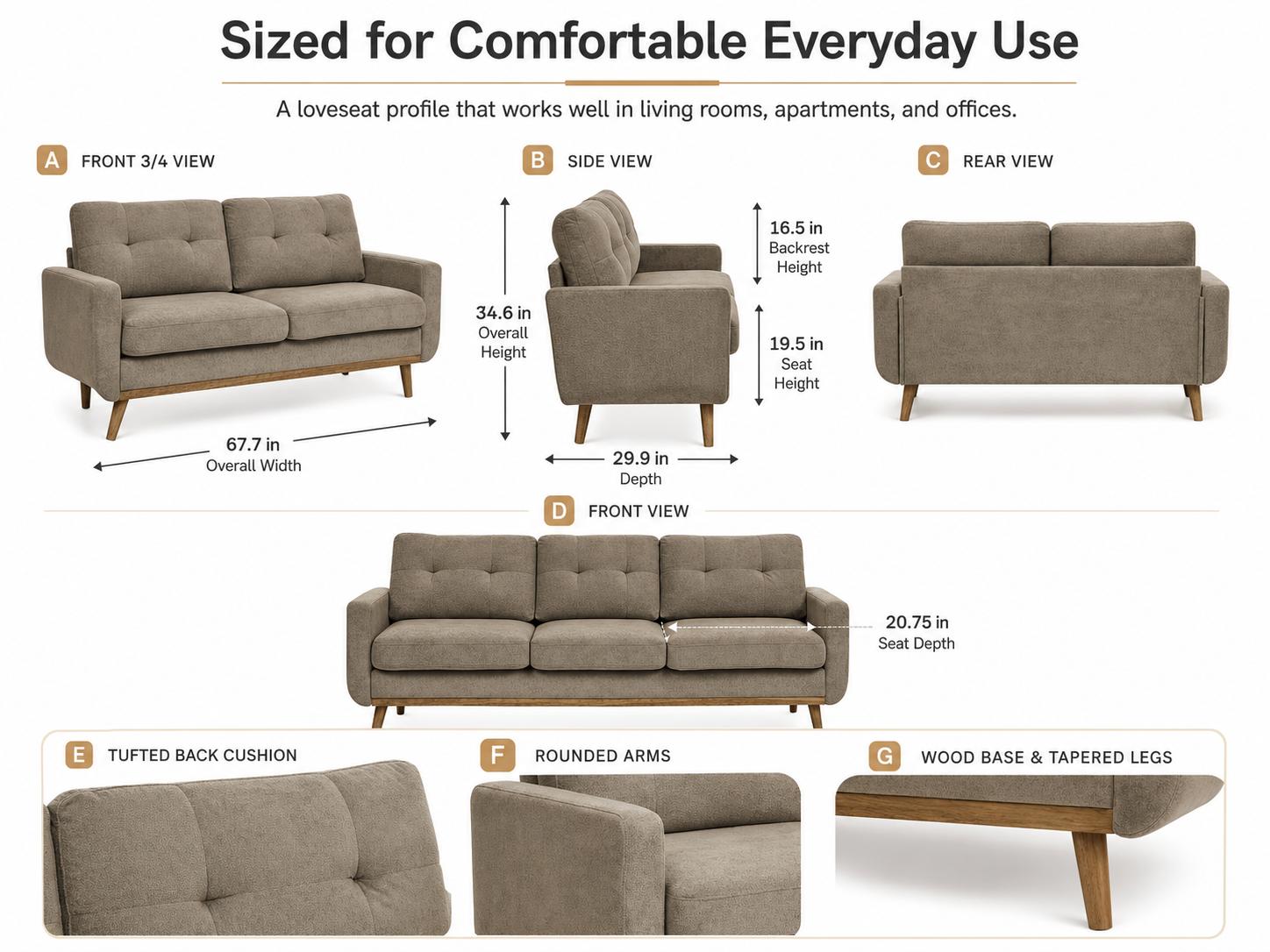 Loveseat Sofa Mid Century Modern Upholstered 2 Seat Couch with Wood Legs, Small Space Fabric Sofa for Living Room, Apartment, Bedroom, Office