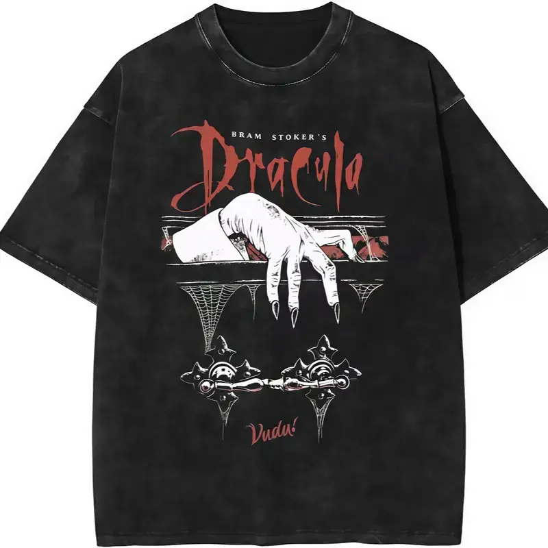 Vintage Acid Washed Unisex Oversized Crewneck T Shirt Bram Stoker S Dracula Horror Graphic Heavyweight Cotton Classic Retro Gothic Casual Trendy Streetwear Halloween Daily Outfit Apparel For Men And Women