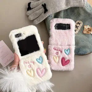 Romantic Embroidered Colorful Heart Flip Phone Case, Fits Samsung Zflip3/4/5/6/7, Autumn Winter Couple Full Protection Cover, Accessories