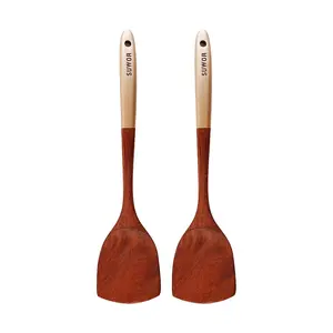 KAWASIMAYA Champagne Sandalwood Wok Spatula Set - 2-Piece Non-Stick Cookware Utensil, Scratch-Free Wooden Turner for Pots & Pans
