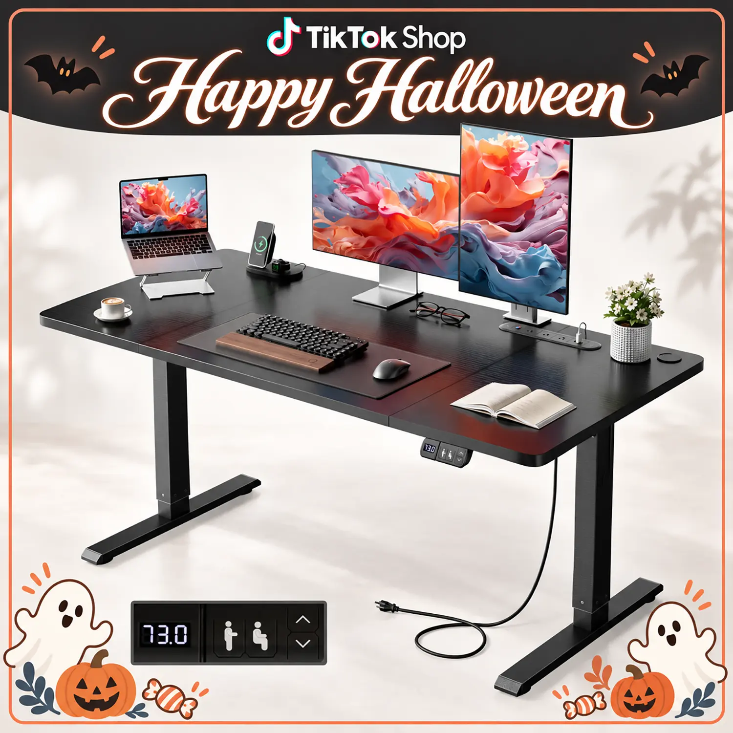 Ecofurnix Modern Rectangular Fully Assembled Wood Computer Desk - 176 lbs Gaming Furniture with AC Outlets, USB Ports, Control Panel, Ergonomic Design, 30db Quiet Move for Study, Work, Standing Use