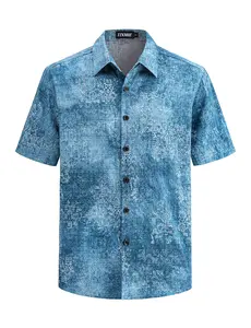 TIXMIE Men's Washed Blue Damask Hawaiian Shirt - Short-Sleeve Button-Down, Breathable Cotton-Blend, Regular-Fit Casual Top for Summer Beach Vacation