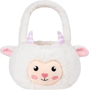 Sheep Easter Basket for Kids, Cute Plush Empty Bucket with small Ears and Handle Egg Hunt Tote Candy Bag Basket for Boys GirlsTeens Gift, Easter Decor White