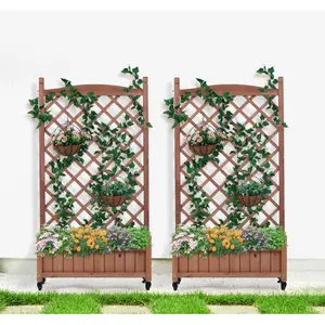 Raised Garden Bed with Trellis 2 Pack, Outdoor Wooden Planter Box & Plant Stand with Climbing Racks