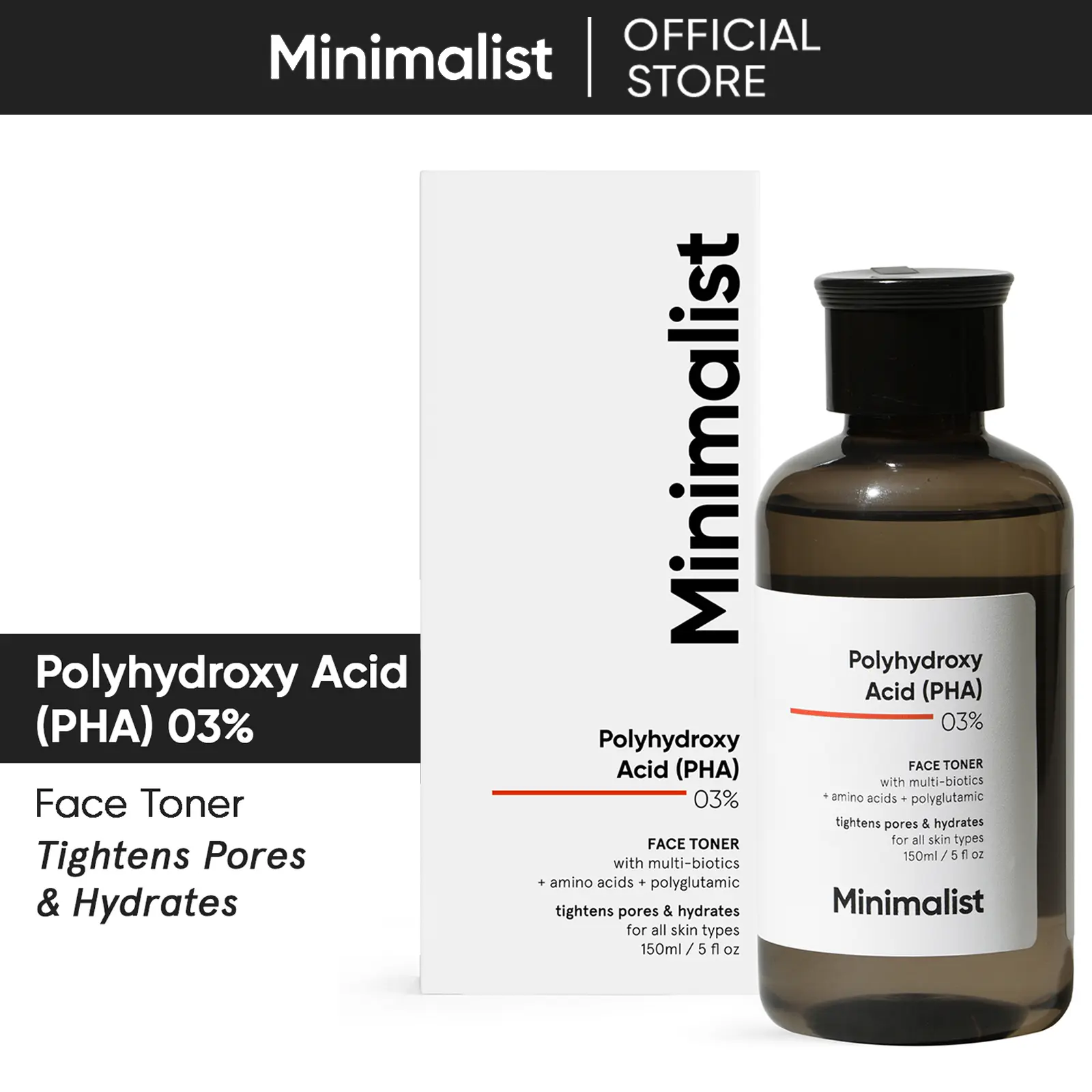 Minimalist  Hydrating Face Toner for Pore Tightening | 3% PHA For Mild Exfoliation, pH Balancing & Rebalancing Skin Microbiome | for Women & Men | 5 Fl Oz / 150 ml