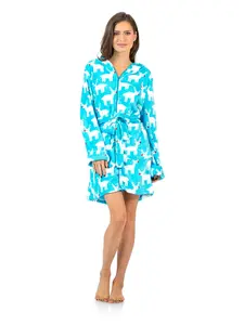 Ashford & Brooks Women's Plush Coral Fleece Zip Up Hooded Robe - Light Blue White - X-Large