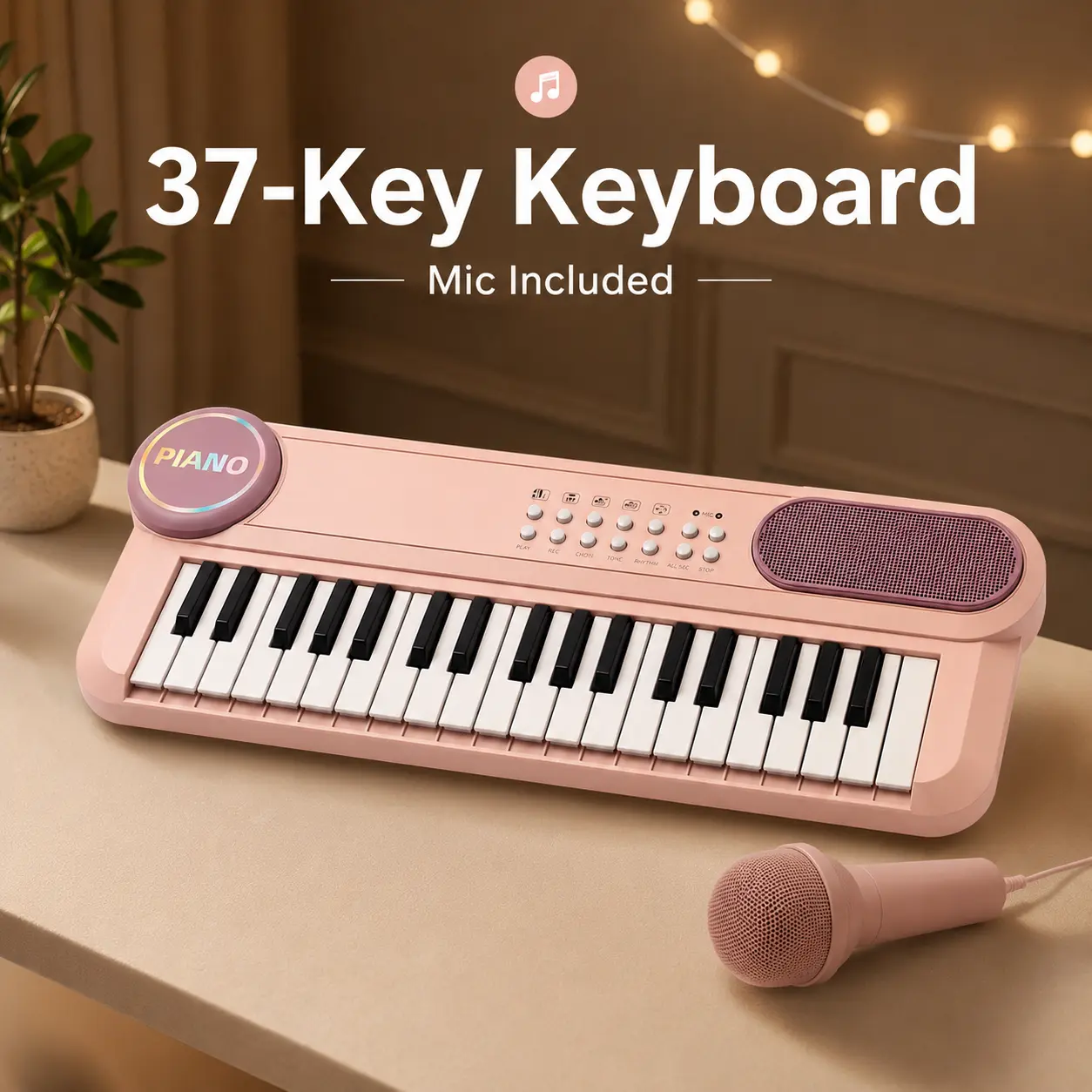 37-Key Kids Electronic Keyboard Piano with Microphone, 5 Sounds, 4 Rhythms, 10 Songs, Record & Playback, Key Stickers, Pink