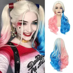 and Blue Long Curly Wigs for Women -  & Halloween Party - Synthetic Fibers -  Squad Harley Quinn Wig