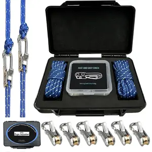 6 Pack Rope Tightening Tool, Heavy Duty Tent Guy Lines with Quick-Release Alloy Buckle & Storage Case, No-Knot Tie Down Ropes for Camping, Tarps, Hammocks, and Boating (Blue)