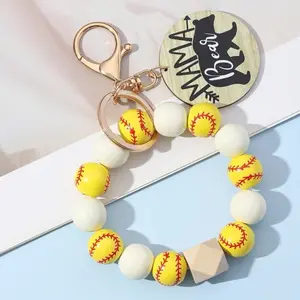 Wooden Sport Beads Keychain Softball Bracelet Keyring for Women