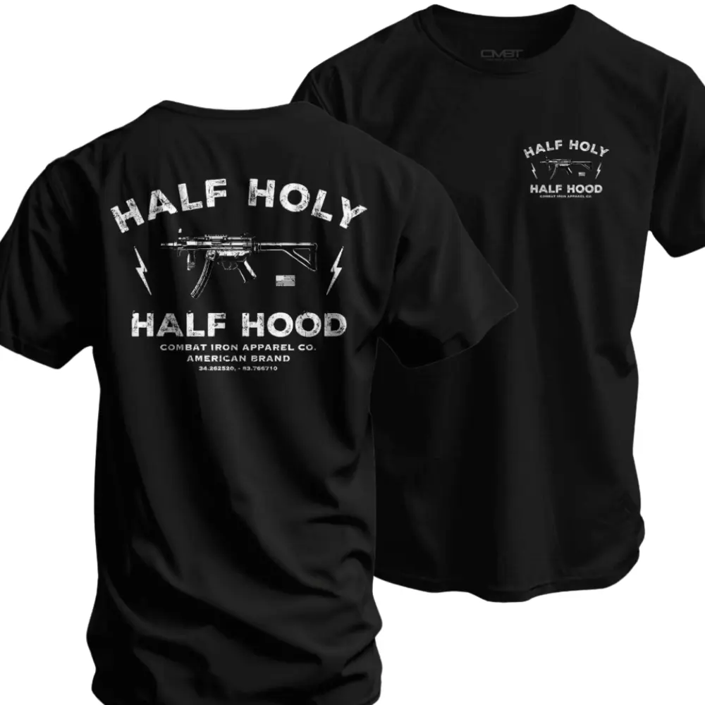 Men's 'Half Holy Half Hood' Tactical Graphic T-Shirt, Casual 100% Cotton Round Neck Top for Veterans with a Durable Double-Needle Hem, Menswear