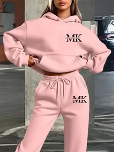 Autumn Winter Hooded Sweatshirt Set, Mk Letter Decorated Luxurious Casual Style, Loose Fit, All-Season Comfort