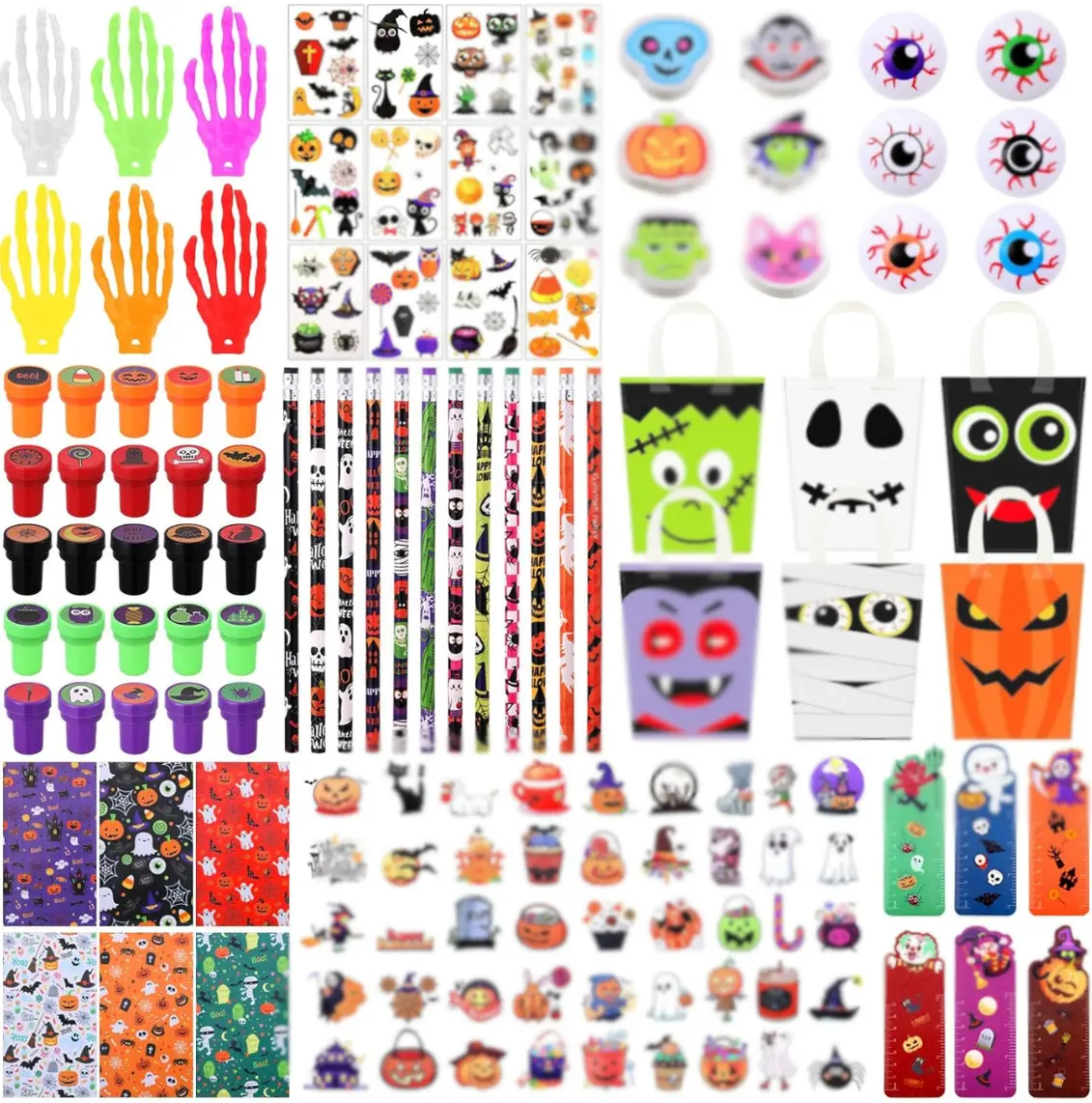 Summer Gift 262 Pcs Halloween Party Gifts for Kids Stationery Sets with Pencils Stamps Tattoo Stickers Erasers Rulers Notebooks Eyeball Hand Bone Toys for Classroom School Exchange Party for Boys Girls