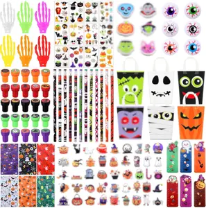 Summer Gift 262 Pcs Halloween Party Gifts for Kids Stationery Sets with Pencils Stamps Tattoo Stickers Erasers Rulers Notebooks Eyeball Hand Bone Toys for Classroom School Exchange Party for Boys Girls