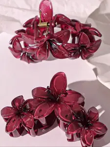 Elegant Burgundy Daisy Floral Shark Hair Claw Clips, Set of 2, Cute Ponytail Holder for Women, Perfect for Daily Use & Party, Flower Hair Clips