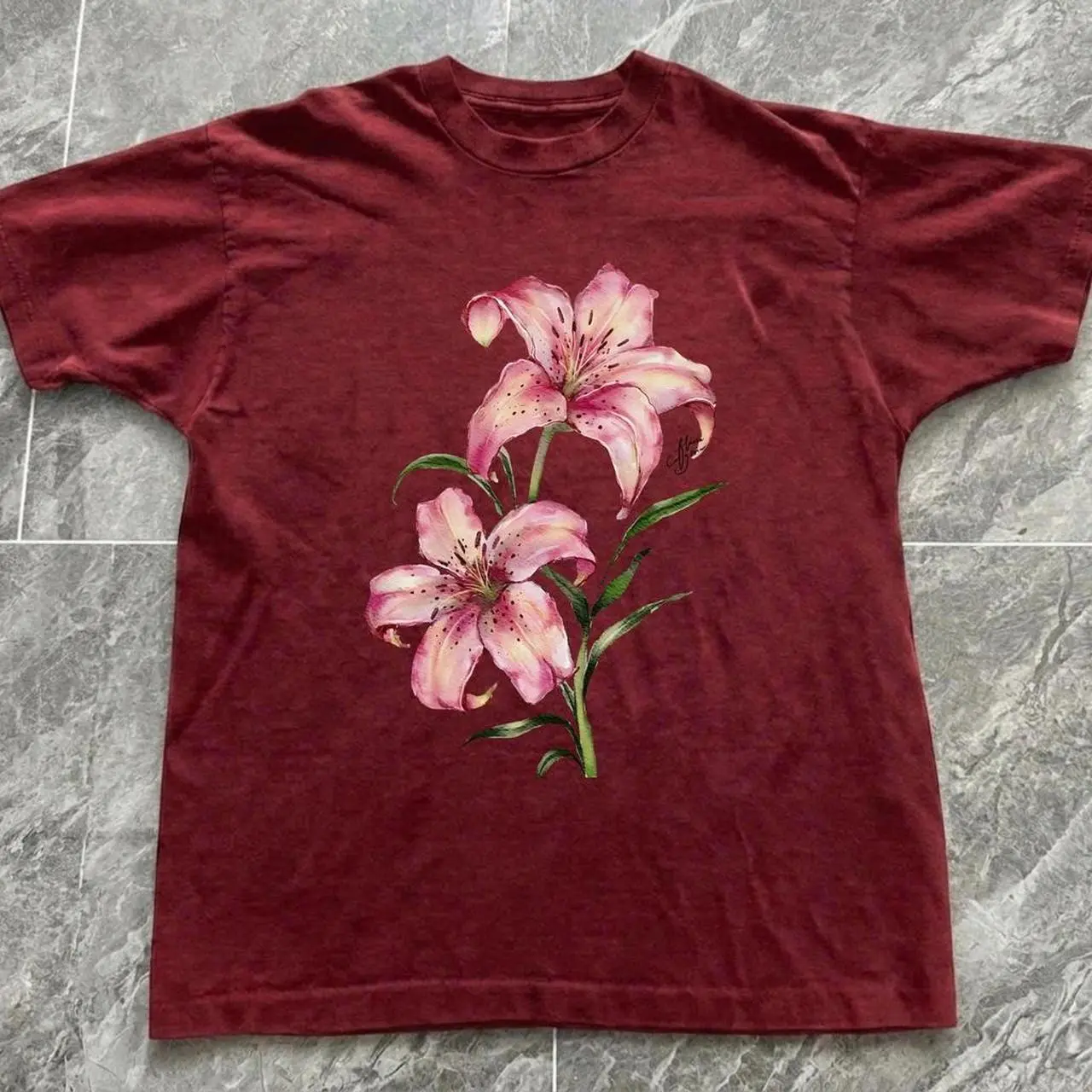 Lily Flower T-shirt Vintage Pink Stargazer Lily Botanical Graphic Tee, Retro Cottagecore Floral Shirt, Loose Fit Top