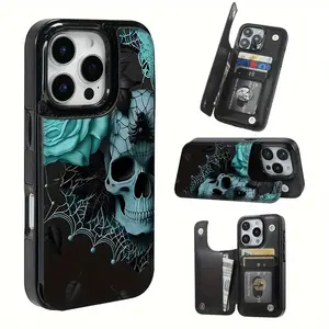 The Blue And Black Skull Flower Phone Case Made of Practical TPU Includes a Card Slot And Offers Various Functionalities for Bank And Public Transport Cards. It Is Compatible with The for iPhone 17 16 15 14 13 12 PRO MAX PLUS,AIR