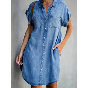 Women’s Summer New Single-Breasted Denim Shirt Dress – Casual Loose Fit with Pockets, Simple Retro Style, Suitable for Commuting and Office Wear, Denim Mini Skirt