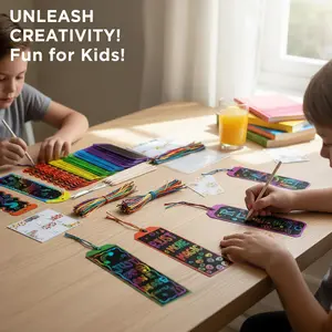 48 Sets 6 Styles Magic Color Scratch Bookmarks Craft Kits Rainbow Scratch Paper Art Sets for Kids Students Party Favors DIY Bookmarks Bulk with Scratching Tools Ribbons for Classroom Activities