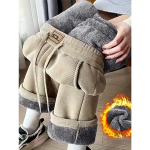 Women's comfortable wool lined corduroy pants | beige. |Casual pocket straight leg pants | Warm and comfortable in autumn and winter | Soft, durable, fashionable | Very suitable for casual and winter clothing women's bottoms