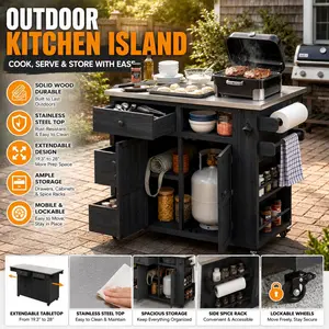 Outdoor Grill Cart Mobile Kitchen Island with Stainless Steel Top Rolling BBQ Prep Table Solid Wood Extendable 19.3 to 28 Depth Storage Cabinet Drawers for Backyard Patio Party Grill Station Black