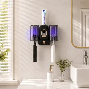 No-Drill Automatic Toothpaste Dispenser with UV Sanitizer, Wall-Mounted Bathroom Organizer & Accessory, Toothbrush Protector with 2 Dustproof Cups for Electric Oral Care Tools, Bathroom Accessory