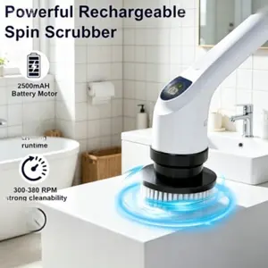 Cordless Electric Cleaning Spin Scrubber, Adjustable Cleaning Brush with 7 Replaceable Brush Heads & Power LED Display, 2 Speed Waterproof Rotary Scrubber Suitable for Bathtub, Kitchen, Car Cleaning, White