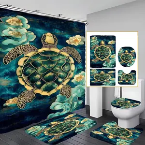 4 Pcs Chinese Style Golden Turtle Bathroom Curtain Sets with 12 Hooks,Vintage Cloud Sea Turtle Large Waterproof Thickened Mildew Proof Bathroom Partition Curtain,Bathroom Shower Curtain,Toilet Lid Cover,Non-Slip Bathroom Rugs and U Shape Bath Mat