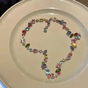 Alloy Necklace with Multicolor Synthetic Gemstones, Y2K Bling Rainbow Zirconia Clavicle Chain, for Daily Wear & Gift-Giving