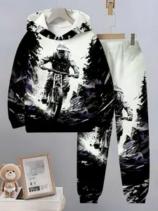 Boys' Fashion Motorcycle Rider Pattern 3D Printed Hoodie Set, Long Sleeve Sports Wear, Spring Fall Winter Outdoor Hoodies, Sweatshirts