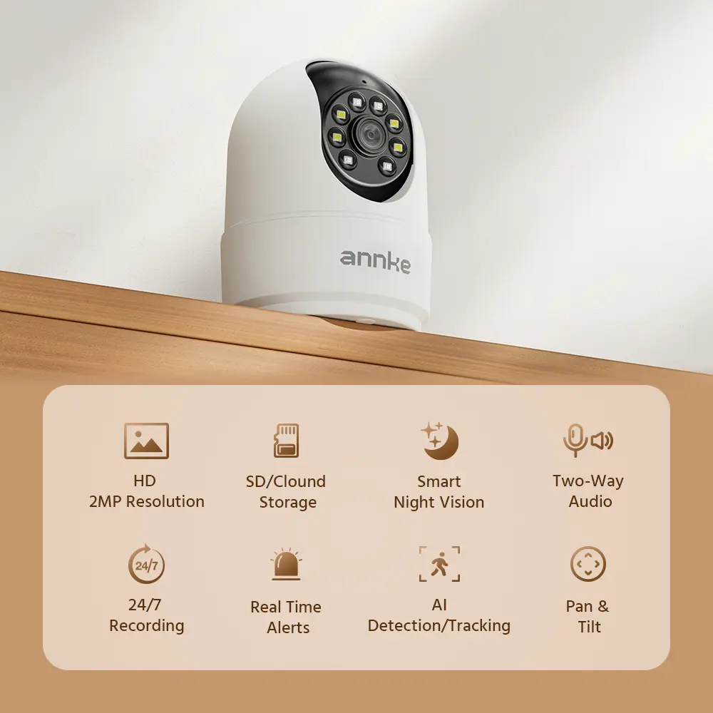 2MP Wireless WiFi Security Camera, 1920*1080 Resolution, Smart Dual Light Night Vision, 310° Pan & 65 ° Tilt, Cloud/SD Storage (up to 256G), Two-Way Audio AI Motion Detection Surveillance Indoor Home Camera