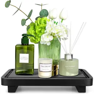 Black Bathroom Counter Organizer Tray  Riser Kitchen Countertop Trays Wooden Pedestal Display Stands Dish Soap Dispenser Holder for Bathroom Decor Kitchen Sink Accessories Vanity Tray