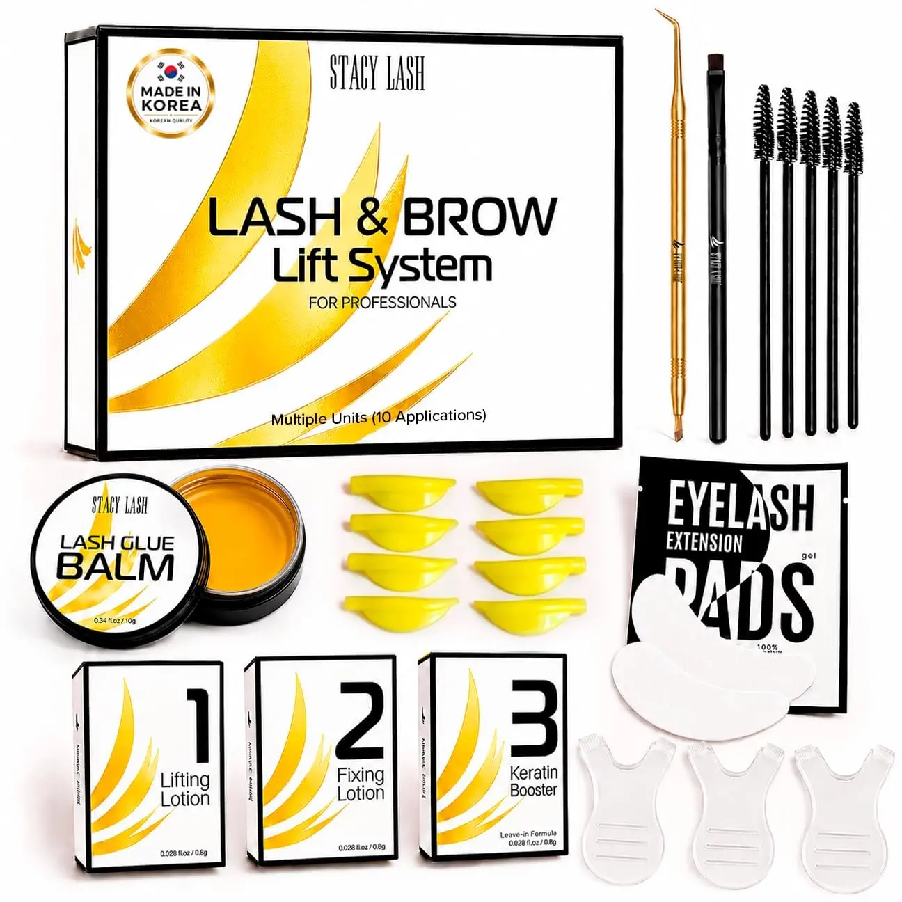 Stacy Lash Korean Lash Lift Kit, 10 Sets Eyelash Perm & Brow Lamination Kit for DIY Home and Professional Use, Silicone Shields, Eye Pads, Lash Brushes & Tools