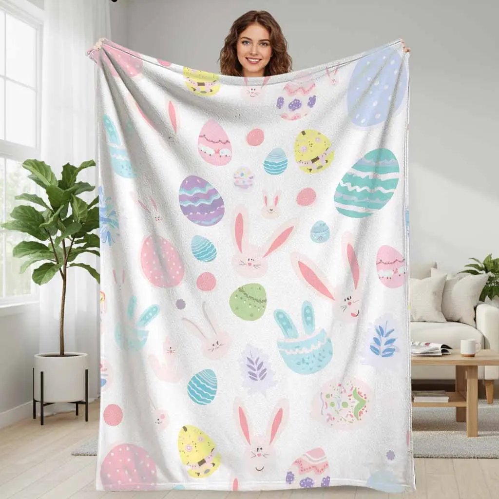 Easter Bunny and Colorful Egg Pattern Flannel Blanket  Soft Cozy Lightweight Warm Throw for Sofa Bedroom Office Spring Home Décor Gift summerwins
