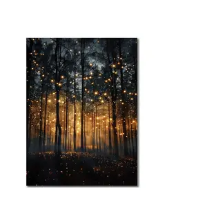1 piece canvas painting with wooden frame, ready to hang, magical forest wall art print: charming fireflies decoration, dark fairy tale style, mood plant canvas, forest scenery decoration