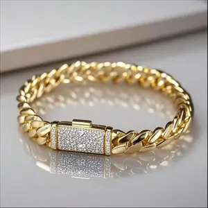 Handcrafted No Fade 18K Gold-Plated Cuban Bracelet With Cz Stones Lock,7.5-8.5" Long And 12mm&14mm Wide Give Boyfriend And Girlfriend Jewelry Gifts