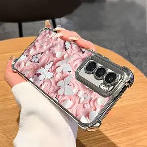 Pink butterfly decorated phone case for every beauty conscious girl,Suitable for SAMSUNG Galaxy S25 Ultra S24/S23/S22 Plus FE electroplated all inclusive anti fall phone case 165-07 Protection Casing Shockproof