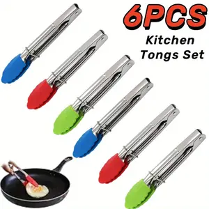 6 Pcs Mini Tongs with Silicone Tips 7-Inch Serving Tongs