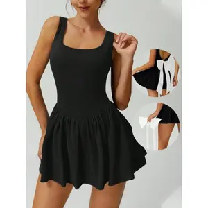 FENGBAY Women's Plain Bow Decor Sports Dress with Built-in Shorts & Pocket, Casual Breathable Anti-Exposure Backless Sports Dress for Yoga Gym Workout, Ladies Sportswear for Summer