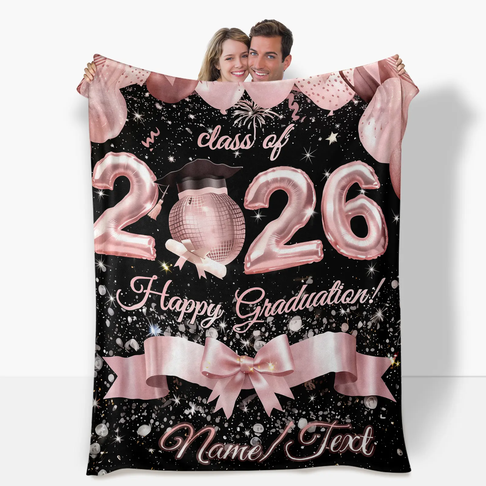 Personalized Custom Fluffy Polyester Flannel Blanket - 1pc Pink Multi-Size Cozy Aesthetic Anti-Pilling 2026 Graduation Gift, Lightweight Breathable Durable, Machine Washable, Ideal Keepsake for Graduates, Travel-Friendly