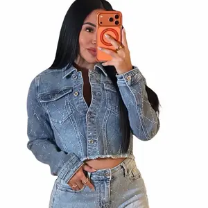 Natali Line Full Rhinestone Jacket - Casual Women's Denim Coats with Button Front & Side Pockets, Long Sleeve Fitted Elegance Outerwear Piece