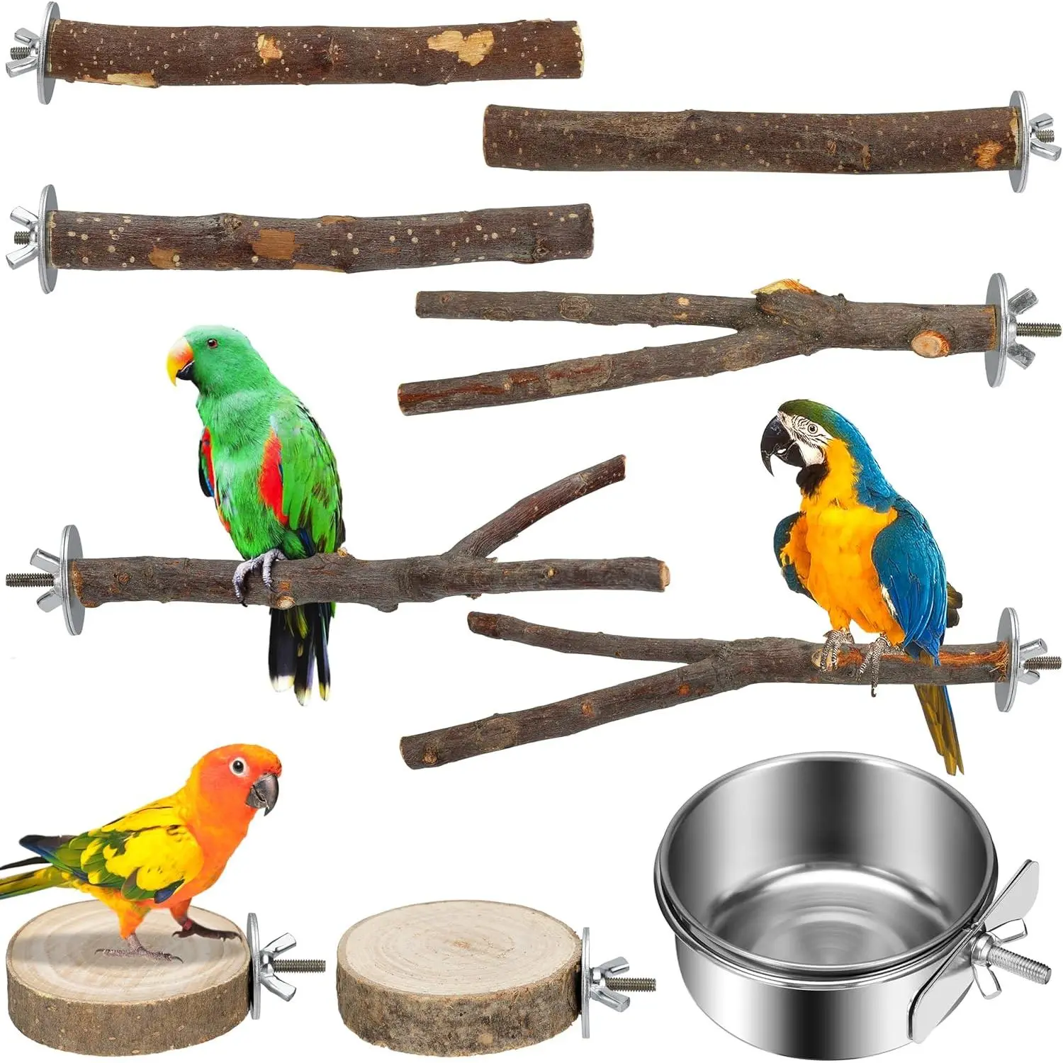 Bird Perches 9 Pack Parakeet Toys Wooden Parrot Stand Branch, Bird Cage Accessories with Bird Feeding Cup, Bird Toys for Cockatiels Small Birds