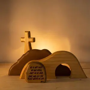 Empty Tomb Easter Scene and Cross Decoration, Easter Religious Jesus Nativity Scene Decoration, Wooden Plus Thick Easter Home Figurine Ornament, It is a perfect Jesus Easter set of four wood pieces, Suitable for Home office desktop, shelf decoration