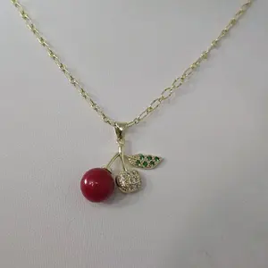 Cadena Dorada with Dije de Cherry - Gold Chain Necklace Featuring a Red Cherry Pendant 17 inch