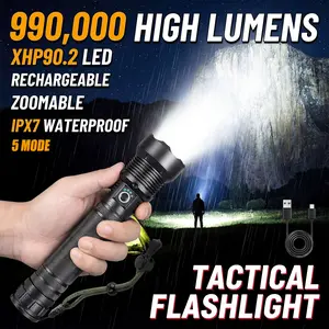 Rechargeable 990000LM XHP90.2 Flashlight, 5 Modes Zoomable IPX7 Waterproof for Camping & Outdoor