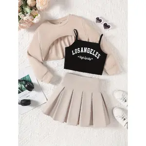 Girls' Spring and Autumn Outdoor Three-Piece Set, Long-Sleeve Shirt, Los Angeles Print Vest and Pleated Skirt Set, Polyester Blend, Machine Washable